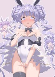  3girls angel_and_devil angel_wings angello_vaalmonica animal_ears bare_shoulders black_thighhighs breasts commentary_request cowboy_shot demon_wings dimonno_vaalmonica double_bun doughnut_hair_bun drill_hair duel_monster embarrassed hair_bun highres large_breasts leotard long_hair mini_person multiple_girls nontraditional_playboy_bunny playboy_bunny purple_hair rabbit_ears selettrice_vaalmonica single_thighhigh sirokuro_toho skindentation strapless strapless_leotard thighhighs twin_drills very_long_hair white_leotard wings yu-gi-oh! 