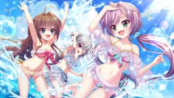  :d ahoge alternate_hairstyle arm_up armpits arms_up barefoot bikini bird blue_bikini blue_eyes blue_scrunchie blue_sky blush bow bow_bikini breasts brown_hair cleavage cloud collarbone day dot_nose film_grain floral_print frilled_bikini frills game_cg green_eyes grey_hair groin hair_intakes hair_ornament hair_scrunchie hair_up hand_up ichijou_ruka izumi_tsubasu lens_flare long_hair low_twintails medium_breasts misaki_sango navel non-circular_lens_flare non-web_source oerba_yun_fang official_art one_eye_closed open_mouth outdoors print_bikini purple_eyes purple_hair re:stage! red_bow scrunchie see-through see-through_skirt shikimiya_aone short_hair_with_long_locks side-tie_bikini_bottom skirt sky small_breasts smile sparkle splashing string_bikini sunlight swept_bangs swimsuit twintails wading water yellow_bikini 