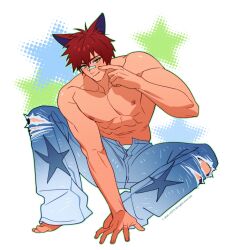  1boy abs bandaid bara barefoot denim finger_to_cheek full_body highres jeans large_pectorals league_of_legends looking_at_viewer male_focus male_underwear male_underwear_peek nipples open_fly pants pectorals sanpaku sett_(league_of_legends) smile solo thick_eyebrows topless_male underwear yotti 