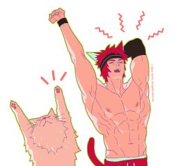  1boy alternate_costume bara cat_boy cat_tail feline headband highres league_of_legends male_focus nipples sanpaku sett_(league_of_legends) shout_lines shredded_muscles sportswear stretching tail thick_eyebrows topless_male yawning yotti 