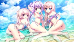  3girls ahoge alternate_hairstyle arm_behind_head arm_support armpits ass bare_shoulders barefoot beach bikini blonde_hair blue_bikini blue_eyes blue_sky blush braid breasts cleavage closed_mouth cloud crown_braid day dot_nose dutch_angle film_grain floral_print front-tie_bikini_top front-tie_top game_cg green_eyes hair_down hair_intakes hair_ribbon hand_on_own_thigh himura_nagisa hokaze_kanade horizon izumi_tsubasu lens_flare long_hair looking_at_viewer lying medium_breasts mole mole_under_each_eye mole_under_eye multiple_girls multiple_moles navel non-circular_lens_flare non-web_source ocean off-shoulder_bikini off_shoulder official_art on_ground on_stomach open_mouth outdoors partially_submerged pink_bikini pink_hair print_bikini purple_hair re:stage! ribbon shiratori_amaha_(re:stage!) shoulder_blades side-tie_bikini_bottom sideboob sky smile sparkle string_bikini sunlight swept_bangs swimsuit underboob yellow_ribbon 