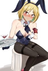  absurdres alternate_costume animal_ears armband backless_leotard black_gloves black_leotard black_pantyhose blonde_hair blush breasts bunny_day cleavage closed_mouth commentary_request cross cup detached_collar drink earrings fake_animal_ears feet_out_of_frame female frown girls&#039;_frontline gloves hand_on_own_chest highres holding holding_tray iron_cross jewelry kuzumotsu leotard looking_at_viewer mp40_(girls&#039;_frontline) pantyhose playboy_bunny rabbit_ears red_armband red_eyes short_hair simple_background sitting solo sweatdrop tray white_background 