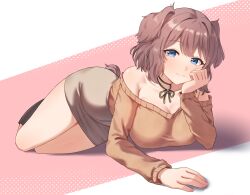  animal_ears blue_eyes blush breasts brown_hair closed_mouth dog_ears dog_girl dog_tail female hand_on_own_cheek hand_on_own_face head_rest highres kadokadokado large_breasts light_smile long_hair long_sleeves looking_at_viewer lying mochizuki_honami off_shoulder pencil_skirt project_sekai short_hair simple_background skirt smile solo sweater tail 