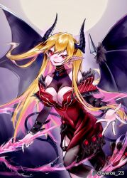  bare_shoulders black_horns black_wings blonde_hair breasts demon_girl demon_horns demon_wings dress duel_monster earrings female heart heart_earrings highres horns jewelry lacrima_the_scarlet_sorrow large_breasts long_hair multicolored_hair pink_hair pointy_ears red_dress red_eyes solo twitter_username two-tone_hair two_side_up weros_23 wings yu-gi-oh! 