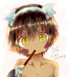  1boy :o android brown_hair chocolate collarbone commentary_request dated eye_focus facial_mark facial_tattoo food food_in_mouth hair_between_eyes highres looking_at_viewer made_in_abyss male_focus mechanical_hands metal_hairband pocky pocky_in_mouth pointy_ears portrait reg_(made_in_abyss) robot simple_background single_mechanical_hand sirorain slit_pupils solo stick striped_background tattoo topless_male translation_request v-shaped_eyebrows white_background yellow_eyes 