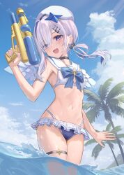  :d amane_kanata angel_wings beret bikini bikini_skirt blue_bow blue_bowtie blue_hair blue_sky blush bow bowtie cloud colored_inner_hair commentary_request cowboy_shot eyes_visible_through_hair female flat_chest grey_hair hair_ornament hair_over_one_eye hairclip hand_up hat highleg highleg_bikini highres holding holding_water_gun hololive hopepe long_hair looking_at_viewer multicolored_hair navel open_mouth outdoors palm_tree pink_hair purple_eyes sailor_collar single_hair_intake sky smile solo stomach streaked_hair swimsuit thigh_strap tree virtual_youtuber wading water water_gun white_beret white_sailor_collar white_wings wings 