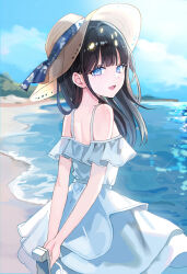  :d arms_behind_back black_hair blue_eyes blue_sky brown_hat cloud comiket_104 commentary_request day dress female frilled_dress frills from_side hat highres holding holding_sandals iren_lovel long_hair looking_at_viewer looking_to_the_side off-shoulder_dress off_shoulder original outdoors sandals sky smile solo sun_hat unworn_sandals water white_dress white_footwear 