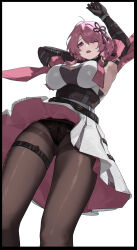  absurdres antenna_hair arm_up armpits ass_visible_through_thighs belt black_belt black_border black_gloves black_panties black_pantyhose border breasts chromatic_aberration dress elbow_gloves female from_below gloves hair_ornament hair_over_one_eye highres large_breasts low_twintails medium_hair one_eye_closed open_mouth panties panties_under_pantyhose pantyhose pink_dress pink_eyes pink_hair simple_background solo taoqi_(wuthering_waves) tassel tassel_hair_ornament teeth thigh_belt thigh_strap thighband_pantyhose twintails two-sided_dress two-sided_fabric two-tone_dress underbust underwear upper_teeth_only white_background white_dress wuhumihu wuthering_waves 