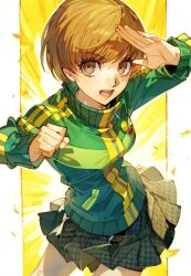  badge breasts brown_eyes brown_hair clenched_hand eyelashes female ga-006 green_jacket hand_up highres jacket long_sleeves miniskirt multicolored_clothes multicolored_jacket open_mouth persona persona_4 satonaka_chie short_hair skirt solo twisted_torso zipper zipper_pull_tab 