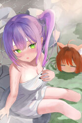  2girls 774norango absurdres ahoge black_nails blush breasts character_request cleavage eyelashes from_above green_eyes hair_between_eyes hand_on_own_chest highres hololive long_hair looking_at_viewer medium_breasts multicolored_hair multiple_girls onsen open_mouth orange_hair outdoors partially_submerged perspective pink_hair purple_hair side_ponytail sitting streaked_hair tokoyami_towa virtual_youtuber water wet white_towel 