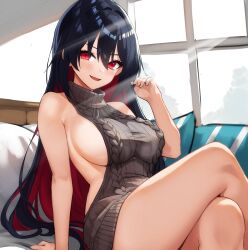  :d absurdres aran_sweater bare_arms bare_shoulders black_hair breasts cable_knit colored_inner_hair cream_bread crossed_legs english_commentary female grey_sweater highres honkai_(series) honkai_impact_3rd large_breasts long_hair looking_at_viewer meme_attire multicolored_hair open_mouth red_eyes red_hair seele_(alter_ego) seele_vollerei sideboob sitting sleeveless sleeveless_turtleneck smile solo sweater thighs turtleneck very_long_hair virgin_killer_sweater window 