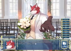  2022 absurd_res anthro black_necktie canid canine chair claws clothing diederich_olsen flower fox furniture gesture hand_gesture hi_res holidays kenzofong knights_college male mammal necktie plant solo solo_focus suit tail valentine&#039;s_day white_clothing white_flower white_suit 