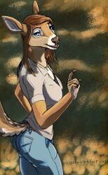  bottomwear cervine clothed clothing deer denim denim_bottomwear denim_clothing fallow_deer female happy hi_res jeans jewelry mammal necklace outside pants short_sleeves smile solo wolfywetfurr_(artist) 