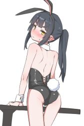  akari_(raigou) animal_ears bare_back black_hair blush commentary detached_collar elf fake_animal_ears fake_tail female leotard looking_back original playboy_bunny pointy_ears ponytail rabbit_ears rabbit_tail raigou sidelocks tail thick_eyebrows wrist_cuffs yellow_eyes 