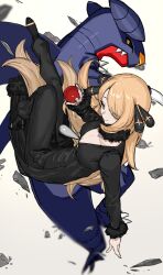  absurdres black_coat black_pants black_sclera blonde_hair blue_skin breasts cleavage coat colored_sclera colored_skin cynthia_(pokemon) dragon garchomp hair_over_one_eye highres holding holding_poke_ball large_breasts looking_at_viewer pants poke_ball pokemon pokemon_(creature) pokemon_dppt ranf red_skin yellow_eyes 