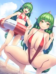  2girls :d absurdres barefoot beach bikini blue_sky blush breasts cleavage closed_mouth cloud cloudy_sky commentary_request curly_hair day dual_persona flat_chest full_body green_eyes green_hair highres holding holding_swim_ring komano_aunn large_breasts long_hair looking_at_viewer multiple_girls navel open_mouth outdoors pointy_ears red_bikini red_innertube sand sky slingshot_swimsuit smile squatting striped_innertube swim_ring swimsuit tarmo touhou very_long_hair white_innertube 