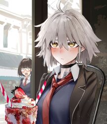  2girls absurdres ahoge blush breasts fate/grand_order fate_(series) food fruit grey_hair highres jeanne_d&#039;arc_alter_(fate) large_breasts milkshake multiple_girls obazzotto osakabehime_(fate) school_uniform short_hair solo_focus strawberry yellow_eyes 