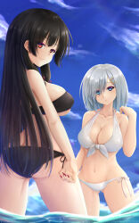  absurdres ass bikini black_bikini black_hair blue_eyes blue_sky breasts cloud commentary_request female front-tie_bikini_top front-tie_top grey_hair hair_between_eyes hair_ornament hair_ribbon hairclip hamakaze_(kancolle) highres isokaze_(kancolle) kantai_collection large_breasts long_hair looking_at_viewer looking_back red_eyes ribbon seiya_(iiseven) short_hair side-tie_bikini_bottom sidelocks sky solo swimsuit tress_ribbon wading 