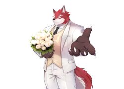  2022 absurd_res anthro black_necktie canid canine chair claws clothing diederich_olsen flower fox furniture gesture hand_gesture hi_res holidays knights_college male mammal necktie plant solo solo_focus suit tail valentine&#039;s_day white_clothing white_flower white_suit 