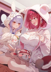  2girls alternate_costume animal_ears blue_hair blush breasts brown_hair closed_eyes dress heterochromia highres hololive hood hooded_jacket houshou_marine houshou_marine_(8th_costume) jacket large_breasts long_hair medium_hair multicolored_hair multiple_girls pekomon_(usada_pekora) pout rabbit_ears red_eyes red_hair ruiuncle stuffed_animal stuffed_toy teddy_bear two-tone_hair usada_pekora virtual_youtuber white_dress white_hair white_jacket yellow_eyes 