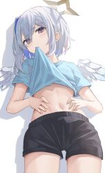  amane_kanata angel_wings asymmetrical_bangs asymmetrical_hair black_shorts blue_hair blush bob_cut clothes_in_mouth clothes_lift colored_inner_hair commentary_request cowboy_shot eyes_visible_through_hair feathered_wings female grey_hair hair_over_one_eye halo hand_on_own_stomach highres hololive hopepe lifting_own_clothes looking_at_viewer lying midriff mini_wings mouth_hold multicolored_hair navel official_alternate_costume on_back pink_hair pp_tenshi_t-shirt purple_eyes shirt shirt_in_mouth shirt_lift short_hair shorts simple_background single_hair_intake solo star_halo stomach streaked_hair t-shirt virtual_youtuber white_background white_wings wings 