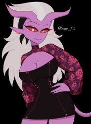  2026 accessory artist_name big_breasts black_background black_clothing black_dress breasts cleavage clothed clothing demon demon_humanoid dress ear_piercing eyeshadow eyewear female floral_pattern glasses hair hair_accessory hair_tie hand_on_hip hellaverse helluva_boss hi_res horn humanoid humanoid_pointy_ears jeny_312 long_hair looking_at_viewer makeup mrs._mayberry_(helluva_boss) piercing pink_body pink_skin pointy_ears portrait purple_eyeshadow red_sclera short_dress shrug_(clothing) simple_background small_waist smile solo strapless_clothing strapless_dress tail text three-quarter_portrait tight_clothing tight_dress twitter_handle wearing_glasses white_hair wide_hips yellow_eyes 