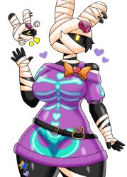  2026 anthro azure_tan bandage bandage_on_face bandaged_arm bandaged_body bandaged_ear bandaged_face bandaged_leg belt belt_buckle big_breasts black_body black_hair breasts buckle bunnybone_(fortnite) closed_eyes clothed clothing colored digital_drawing_(artwork) digital_media_(artwork) ear_piercing emanata eyelashes female female_anthro gesture hair hand_gesture heart_symbol hi_res kneeling lagomorph leporid mammal multiple_poses no_pupils off_shoulder one_eye_obstructed orange_bow_ribbon piercing pink_clothing pink_sweater pink_topwear portrait pose rabbit shaded signature simple_background skull_accessory slightly_chubby slightly_chubby_female solo standing stickers_on_body sweater symbol tail three-quarter_portrait topwear waving waving_at_viewer white_background yellow_eyes 