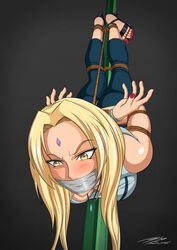  1girls angry blonde_hair blush bondage feet female female_only fully_clothed gag nail_polish naruto red_nails red_toenails solo tape_gag toenail_polish tsinji tsunade 