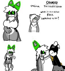  ambiguous_gender black_arrow black_markings black_nose black_spots black_tail bottomwear breasts changed:_the_greater_edition changed_(video_game) closed_eyes clothing concept_art creepypasta directional_arrow disney domestic_cat english_text felid feline felis female fountain_pen fusion genderfluid_(lore) gloves green_ears green_eyes grey_body grey_bottomwear grey_clothing grey_hat grey_headwear grey_skirt grey_tail hair hand_on_back handwear hat headgear headwear hi_res ink_(disambiguation) ink_creature inkblot kiss_on_hand kissing latex_creature leopard_(changed) looking_at_another machine mammal markings model_sheet mouthless mouthless_kiss omni-vee one_eye_obstructed ortensia pantherine profanity prototype_(changed) signature skirt small_nose snow_leopard spots tail text wenk_(changed:_tge) white_body white_hair white_legs yellow_clothing yellow_gloves yellow_handwear 