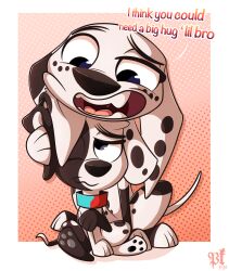  101_dalmatian_street 101_dalmatians absurd_res amused canid canine canis collar dalmatian deepak_(101_dalmatians) disney dolly_(101_dalmatians) domestic_dog duo eye_contact female feral fur hi_res hug hugging_another hugging_from_behind looking_at_another male male/female mammal multicolored_body multicolored_fur one_eye_closed pkbr4insh0ck_(artist) sitting_position spots text white_body white_fur 