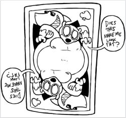  anthro aquatic arms_held belly big_belly black_eyes black_eyewear black_glasses canid canine card conjoined dialogue duo english_text eyebrows eyewear fish fur glasses held_from_behind held_up huge_belly looking_at_self looking_down male mammal monochrome navel obese overweight playing_card queen_conjoinment raccoon_dog raised_eyebrow rubberskunktoo shark sharp_teeth speech_bubble sunglasses tanuki tanuki_leaf teeth text toony wearing_glasses 