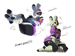  2026 4_toes anthro artist_name bandage bandage_feet bandage_on_face bandaged_arm bandaged_body bandaged_leg black_body bunnybone_(fortnite) closed_eyes clothed clothing colored digital_drawing_(artwork) digital_media_(artwork) directional_arrow ear_piercing emanata english_text exclamation_point feet female female_anthro gesture hand_gesture hands_between_legs heart_symbol hi_res hindpaw kneeling lagomorph legs_up leporid mammal multiple_poses mummy musical_note musical_symbol nifaumo no_pupils off_shoulder one_eye_obstructed paws piercing pink_clothing pink_sweater pink_topwear plantigrade pose question_mark rabbit scut_tail shaded short_tail signature simple_background skull_accessory slightly_chubby slightly_chubby_female solo stickers_on_body sweater symbol tail text toes topwear undead v_sign white_background yellow_eyes 