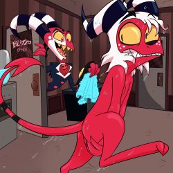  1:1 ass better_version_at_paywall blitzo_(helluva_boss) clothing covering covering_crotch covering_self demon duo embarrassed embarrassing_nudity hellaverse helluva_boss hi_res horn imp lemur_monster lemurmonster male moxxie_(helluva_boss) nude office red_body spade_tail suit tail towel water_dispenser wet yellow_sclera 