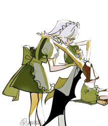  2girls apron bat_wings camisole commentary_request dee_(tannsumi) dress feet_out_of_frame frilled_apron frills green_apron green_camisole green_dress green_shorts hair_between_eyes highres indian_style izayoi_sakuya looking_at_another maid_headdress multiple_girls puffy_short_sleeves puffy_sleeves purple_hair remilia_scarlet shirt short_hair short_sleeves shorts simple_background sitting sleeveless sleeveless_dress touhou twitter_username waist_ribbon white_background white_hair white_shirt wings 