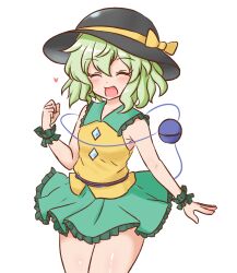  :d black_hat bow closed_eyes commentary cowboy_shot facing_viewer female green_hair green_skirt hat hat_bow heart highres komeiji_koishi mizusoba open_mouth shirt short_hair simple_background skirt sleeveless sleeveless_shirt smile solo standing third_eye touhou white_background wrist_cuffs yellow_bow yellow_shirt 