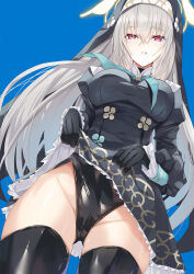  blue_archive boots breasts clothes_lift female gloves grey_hair halo inoue_takuya_(tactactak) large_breasts latex leotard lifting_own_clothes long_hair looking_at_viewer looking_down nun purple_eyes sakurako_(blue_archive) skirt skirt_lift smile solo thigh_boots thighhighs veil white_hair 