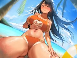  beach bikini black_hair blue_sky blush breasts brown_eyes closed_mouth clothing_cutout cloud cloudy_sky commentary_request day dutch_angle female floating_hair highres horizon inushima large_breasts long_hair navel ocean orange_bikini original outdoors palm_leaf palm_tree sky smile solo squatting stomach swimsuit tan thighs tree underboob_cutout watch wristwatch 