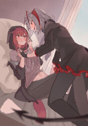  2girls absurdres after_kiss antenna_hair arknights black_hood black_jacket black_pants black_pantyhose black_skirt black_tail blurry blush clothes_writing commentary_request commission crownslayer_(arknights) depth_of_field embarrassed eye_contact face-to-face feet_out_of_frame grey_hair grey_shirt groin hair_ornament hairclip highres holding_hands hood hood_up indoors interlocked_fingers jacket layered_skirt looking_at_another miniskirt multicolored_hair multiple_girls navel off_shoulder open_mouth orange_eyes pants pantyhose partial_commentary pink_eyes pink_hair pink_tail pixiv_commission pleated_skirt profile red_hair red_skirt saliva saliva_trail scar scar_on_arm shirt short_hair skirt sleeves_past_elbows smile streaked_hair suzubotan sweatdrop t-shirt tail w_(arknights) yuri 