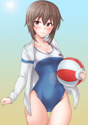  anti_(untea9) ball beachball blue_background blue_one-piece_swimsuit blush breasts brown_eyes brown_hair collarbone competition_school_swimsuit covered_navel cowboy_shot female gradient_background high_school_fleet highres jacket jacket_over_swimsuit kantai_collection looking_at_viewer multicolored_clothes multicolored_swimsuit new_school_swimsuit one-piece_swimsuit school_swimsuit short_hair small_breasts smile solo swimsuit taihou_(kancolle) two-tone_swimsuit white_one-piece_swimsuit yellow_background yokosuka_girls_marine_high_school_swimsuit 