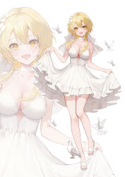  :d absurdres alternate_costume bare_shoulders bird blonde_hair breasts cleavage dove dress female flower full_body genshin_impact hair_between_eyes hair_flower hair_ornament halterneck hashtag-only_commentary highres light_blush looking_at_viewer lumine_(genshin_impact) medium_breasts open_mouth plunging_neckline short_hair_with_long_locks skirt_hold sleeveless sleeveless_dress smile toes wedding_dress white_background white_dress white_flower white_footwear white_veil yellow_eyes yuna_(deadawon) zoom_layer 