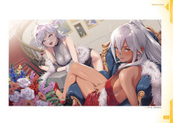  2girls alternate_costume artist_request azur_lane bent_over black_dress black_gloves blue_flower bouquet breasts cleavage crossed_legs dark-skinned_female dark_skin dress feather_boa flower gloves hair_between_eyes high_ponytail highres indoors large_breasts long_hair looking_at_viewer medium_breasts minneapolis_(azur_lane) multiple_girls official_art orange_flower picture_frame red_dress red_eyes red_footwear rose seattle_(azur_lane) shoes short_hair sideboob stairs white_flower white_hair white_rose 