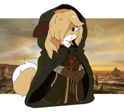  anthro averi_(fiddleafox) brown_body brown_fur canid canine cloak clothing dark_souls dipstick_tail female female_anthro fox fromsoftware fur gloves_(marking) green_eyes guzzlord420 hair hands_together heart_symbol hi_res hood leg_markings looking_at_viewer mammal markings photo_background photography_(artwork) socks_(marking) solo tail tail_markings white_body white_fur 