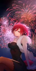  aozaki_touko aozaki_touko_(grand_puppeteer)_(fate) bare_shoulders black_dress breasts brown_pantyhose cleavage closed_mouth commentary_request crossed_legs dress fate/grand_order fate_(series) feather_boa female fireworks fishnet_pantyhose fishnets floating_hair formal highres kara_no_kyoukai kwhr_a medium_breasts night night_sky official_alternate_costume outdoors pantyhose ponytail red_eyes red_hair sitting sky smile solo strapless strapless_dress thighs 