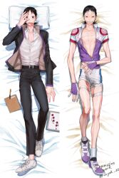  1boy bed_sheet bike_jersey bike_shorts biker_clothes biting_tongue black_eyes black_hair clothes_lift collarbone cycling_uniform dakimakura_(medium) doyak emaciated empty_eyes fingerless_gloves full_body gakuran gloves grin groin hand_on_own_stomach hand_over_eye knee_up long_tongue looking_at_viewer lying mechanical_pencil messy_hair midousuji_akira mullet multiple_views nipples nostrils notebook pale_skin partially_unbuttoned partially_unzipped pencil pillow raised_eyebrows sanpaku school_uniform shirt_lift shirt_tucked_in short_bangs skinny smile tall tongue tongue_out unbuttoned unbuttoned_shirt untied_footwear white_sneakers whiteboard wide-eyed yowamushi_pedal 