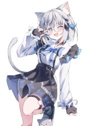  absurdres animal_ear_fluff animal_ears black_choker black_gloves black_skirt blue_bow blue_bowtie blue_ribbon bow bowtie breasts cat_ears cat_girl cat_o-ring cat_slippers cat_tail choker female fingerless_gloves glasses gloves grey_footwear grey_hair hair_ribbon highres hololive hololive_indonesia long_sleeves o-ring o-ring_thigh_strap official_alternate_costume one_eye_closed open_mouth pota_ken ribbon round_eyewear shirt short_hair skirt solo suspender_skirt suspenders tail thigh_strap v vestia_zeta vestia_zeta_(jirai_kei) virtual_youtuber white_shirt 