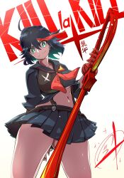  black_hair black_shirt black_skirt blue_eyes breasts collarbone copyright_name cowboy_shot cowlick english_text female from_below gloves highres holding holding_weapon kamui_(kill_la_kill) kill_la_kill living_clothes matoi_ryuuko midriff multicolored_hair pleated_skirt pungter school_uniform scissor_blade_(kill_la_kill) senketsu serafuku shirt short_hair signature single_glove skirt solo star_(symbol) streaked_hair suspender_skirt suspenders thick_thighs thighs underboob v-shaped_eyebrows weapon 