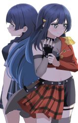  2girls adjusting_clothes adjusting_gloves ame_(amedayo_njgk) asymmetrical_clothes back-to-back belt black_belt black_gloves black_hair black_jacket black_shorts blue_shirt blue_skirt breasts cleavage collarbone commentary_request dive!_(love_live!) dual_persona epaulettes fingerless_gloves glasses gloves grey_eyes grey_thighhighs highres jacket long_hair long_sleeves love_live! love_live!_nijigasaki_high_school_idol_club midriff multiple_girls nakagawa_nana navel nijigasaki_school_uniform one_side_up red_jacket red_skirt round_eyewear school_uniform semi-rimless_eyewear shade shirt short_sleeves shorts single_epaulette single_glove single_thighhigh skirt smile standing thighhighs white_background winter_uniform yuki_setsuna_(love_live!) 