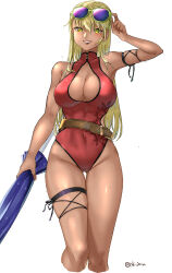  absurdres adjusting_eyewear alternate_costume artist_name ass_visible_through_thighs belt blonde_hair blue_umbrella breasts cleavage cleavage_cutout clothing_cutout collared_one-piece_swimsuit commentary covered_navel dark-skinned_female dark_skin eyewear_on_head female fire_emblem fire_emblem:_the_binding_blade garter_belt highres holding holding_umbrella igrene_(fire_emblem) large_breasts long_hair looking_at_viewer mole mole_under_eye one-piece_swimsuit red_one-piece_swimsuit simple_background smile solo sunglasses swimsuit tinted_eyewear tsukimura_(d24f4z8j3t) umbrella water_drop wet white_background yellow_eyes 