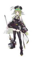  absurdres arknights bare_shoulders bird_girl black_footwear black_hair black_hat black_jacket black_romper black_thighhighs boots chest_strap closed_mouth commentary_request fang_bai_doufu_wu feather_hair feathers female full_body green_hair hammer hat hat_feather highres holding holding_hammer id_card jacket long_hair long_sleeves looking_at_viewer open_clothes open_jacket pink_eyes poncirus_(arknights) simple_background solo thighhighs very_long_hair white_background white_feathers wide_sleeves 