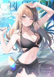  arm_up armpits beach bikini black_bikini black_nails black_sarong blue_nails blurry bokeh breasts brown_eyes brown_hair cleavage cloud cloudy_sky collarbone comiket comiket_104 commentary_request cowboy_shot depth_of_field earrings grin jewelry kagachi_saku lens_flare light_particles looking_at_viewer medium_breasts multicolored_nails navel navel_piercing necklace one_eye_closed original outdoors palm_tree parted_lips piercing sarong sky smile swimsuit teeth tree 